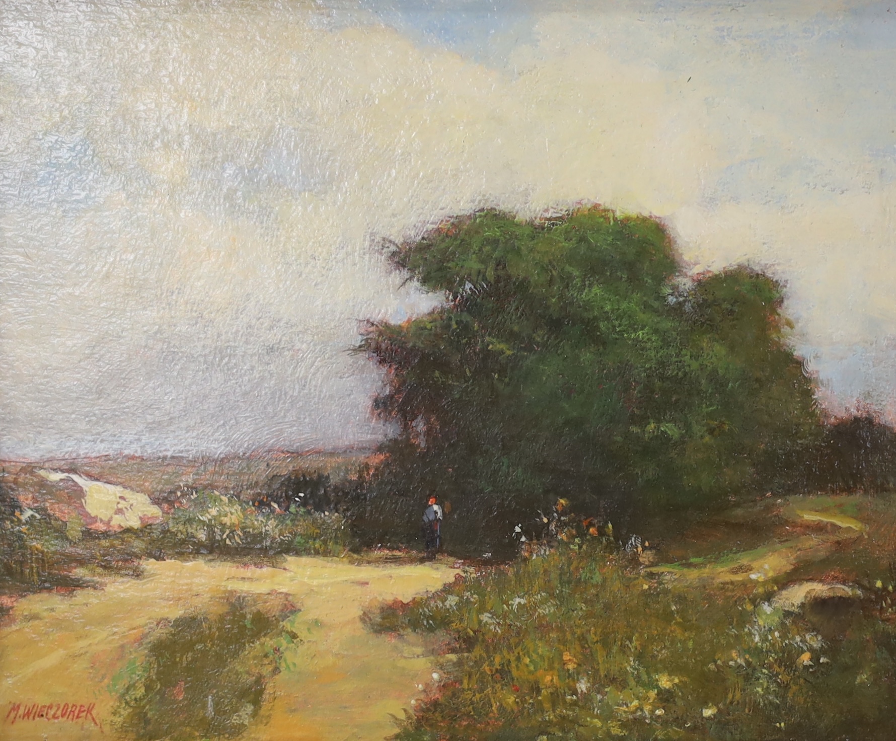 Mieczyslaw Wieczorek (Polish), Impressionist oil on board, Polish landscape, signed with label verso, inscribed Krakow 1996, 13 x 16cm